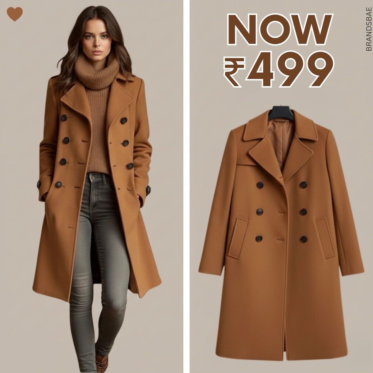 Women's Winter Trench Coat - Stylish & Warm |Camel Brown | TC-04