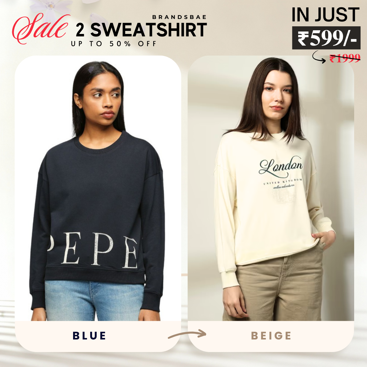 2 Stylish Sweatshirts in Royal Blue & Beige | Soft, Cozy & Trendy | Up to 50% Off |SS-04
