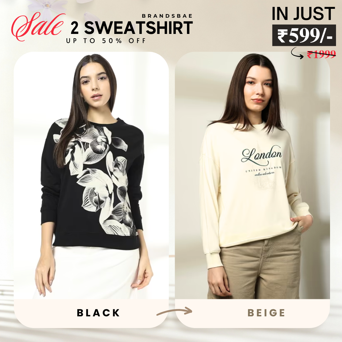 2 Stylish Sweatshirts in Black & Beige| Soft, Cozy & Trendy | Up to 50% Off |SS-07